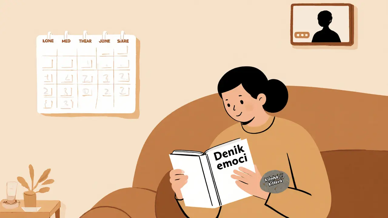 Rodič používá deník emocí doma po konzultaci s terapeutem.