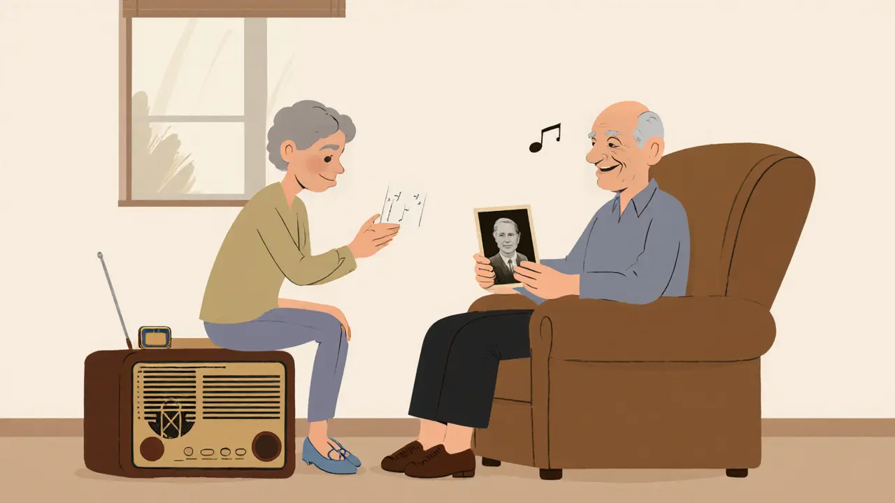 Senior v křesle drží starou fotografii, terapeut naslouchá, hraje klidná hudba.