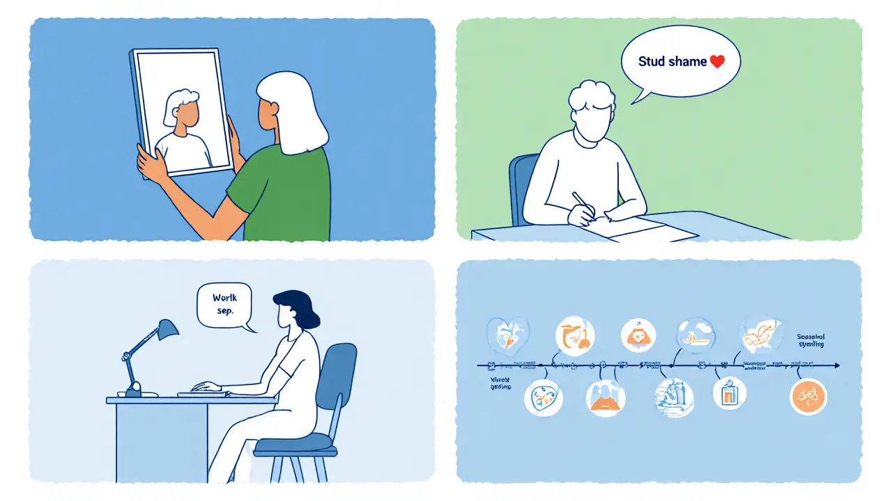 Čtyři panely ukazují terapeutické zrcadlo, psaní dopisu, dialog a 7‑stupňový proces.