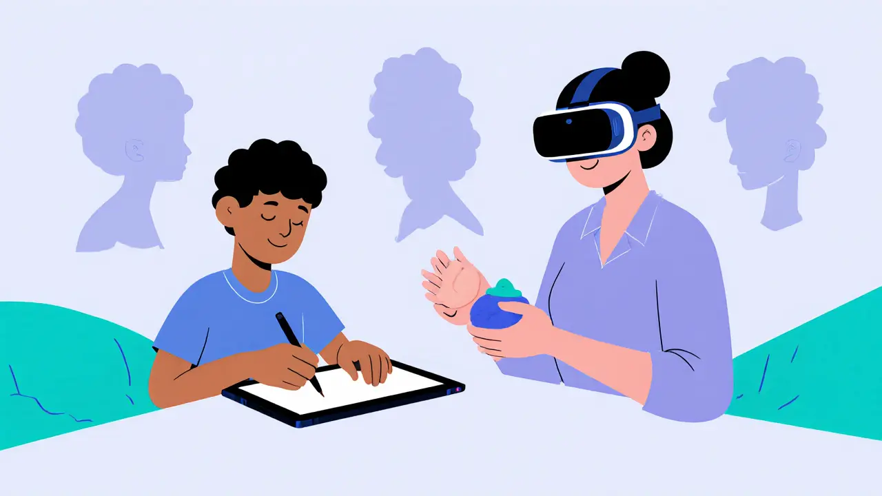 Dítě kreslí na tablet, terapeut drží hlinu, naznačená VR budoucnost.