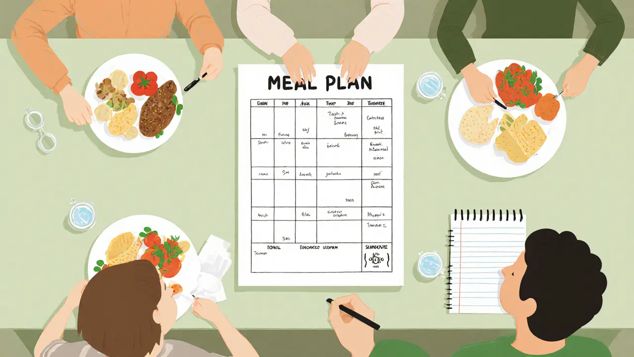 Postup rodinné večeře: plánování jídla, jídlo na talíři, zápisky terapeuta.