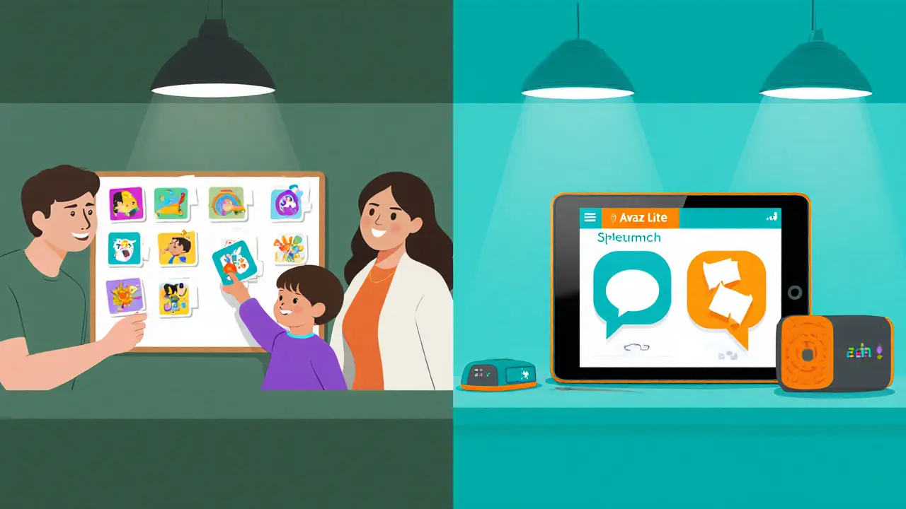 Rozdělená scéna: levá část s magnetickou tabulí a PECS, pravá s tabletem a aplikací AAC.