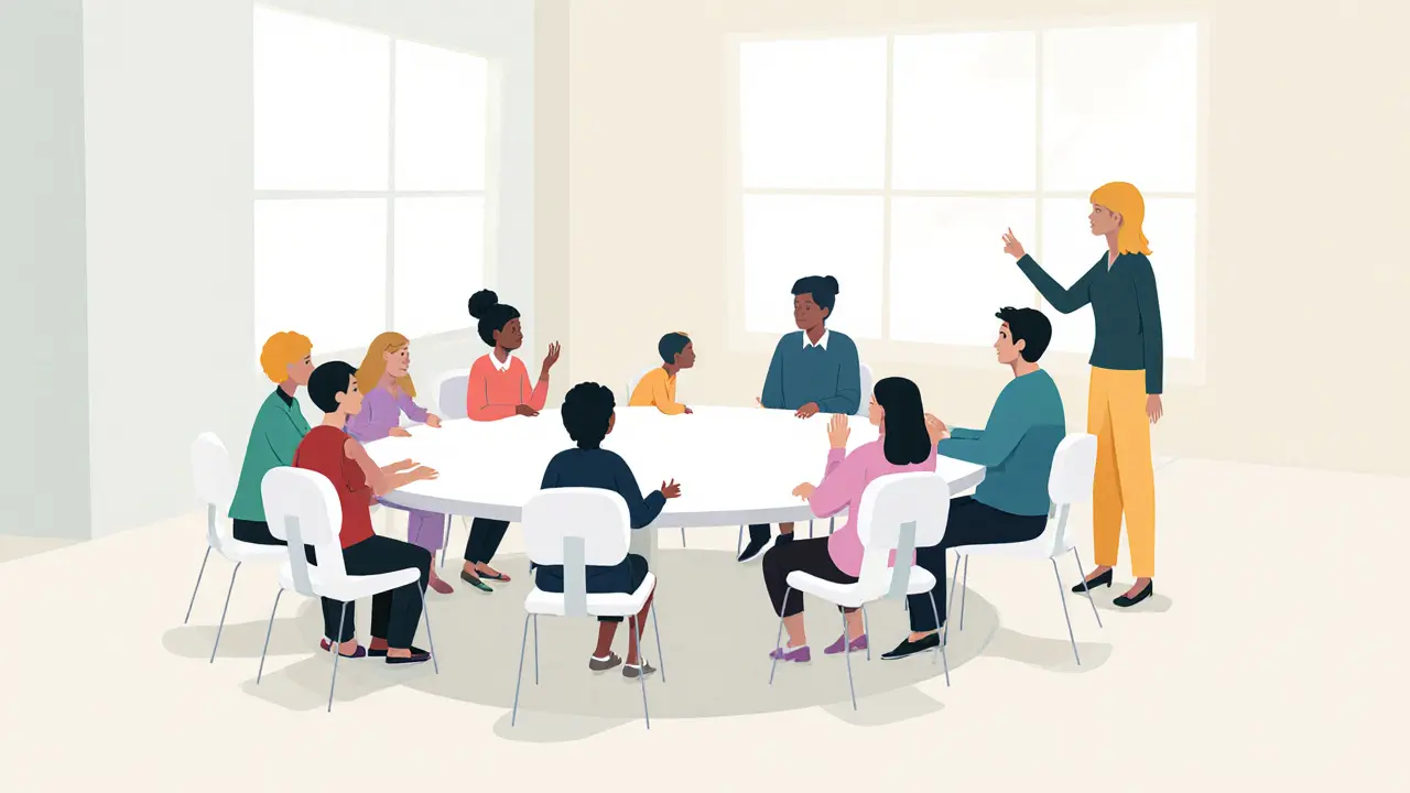 Skupinová terapie, několik rodin kolem kulatého stolu, společná podpora.