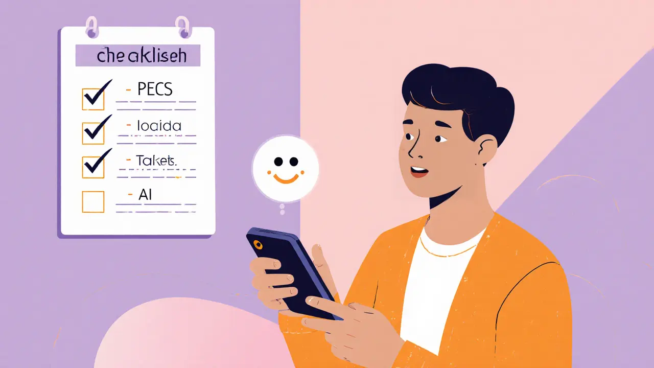 Teenager používá moderní řečový generátor s AI ikonou a kontrolním seznamem na zdi.