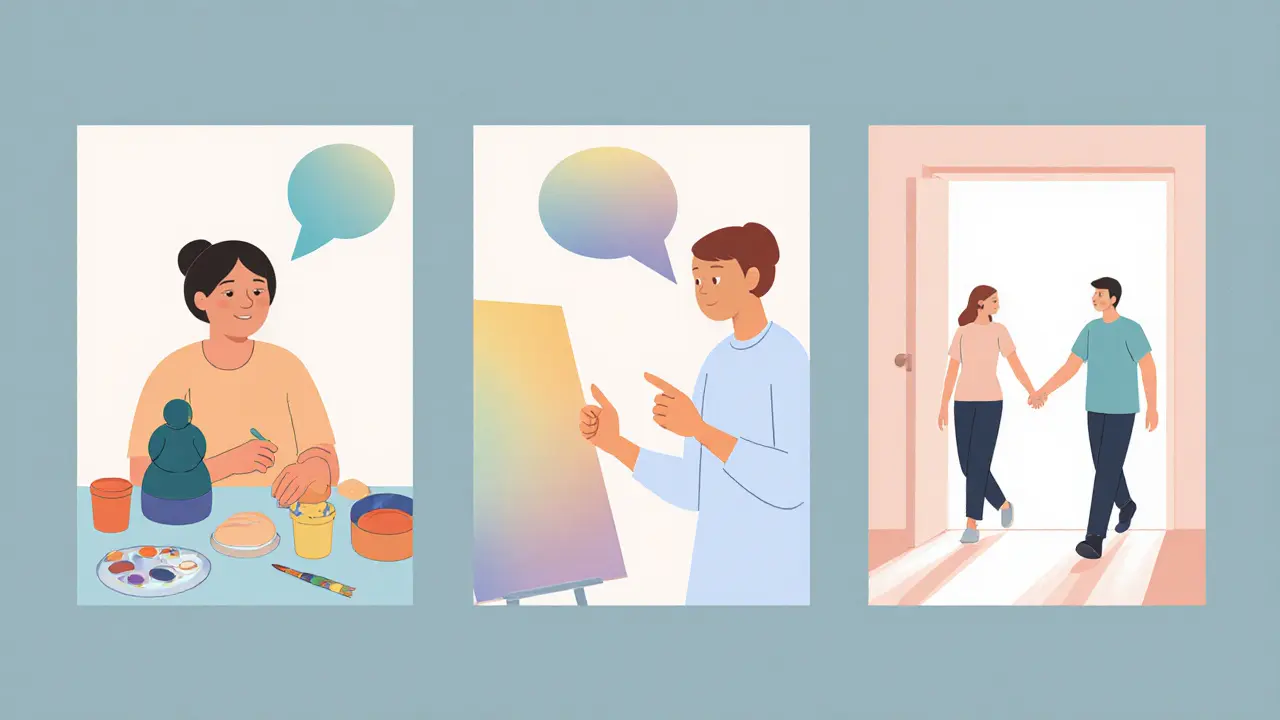 Tři panely: tvorba z hlíny, reflexe s terapeutem, společná integrace.