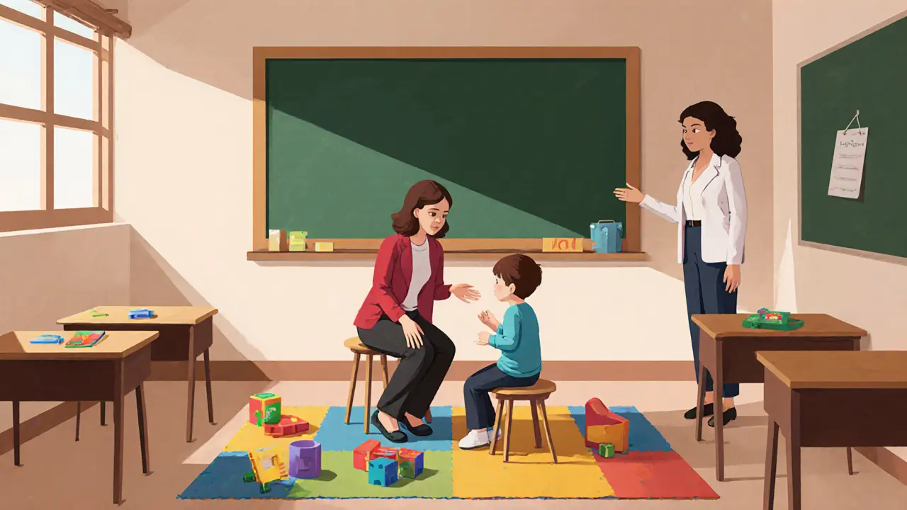 Učitel a terapeut provádějí ve třídě aktivitu rozvoje sociálních dovedností.