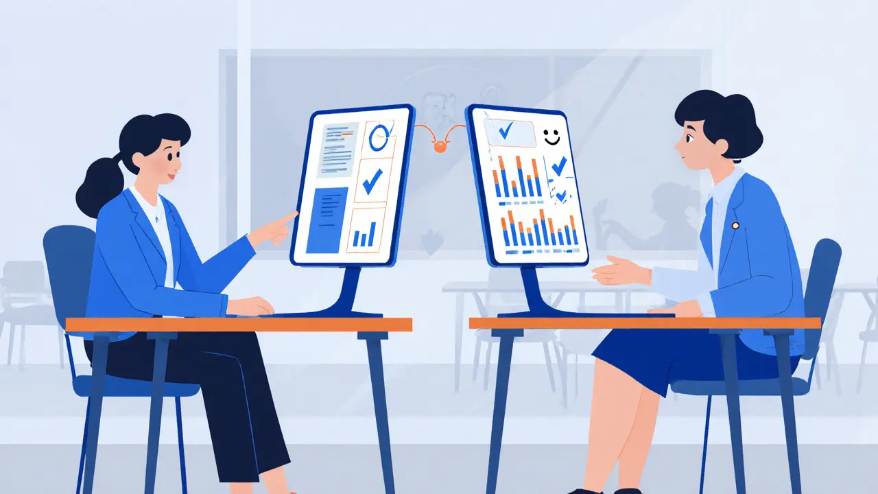 Učitel a terapeut spolupracují digitálně pomocí abstraktních ikon.