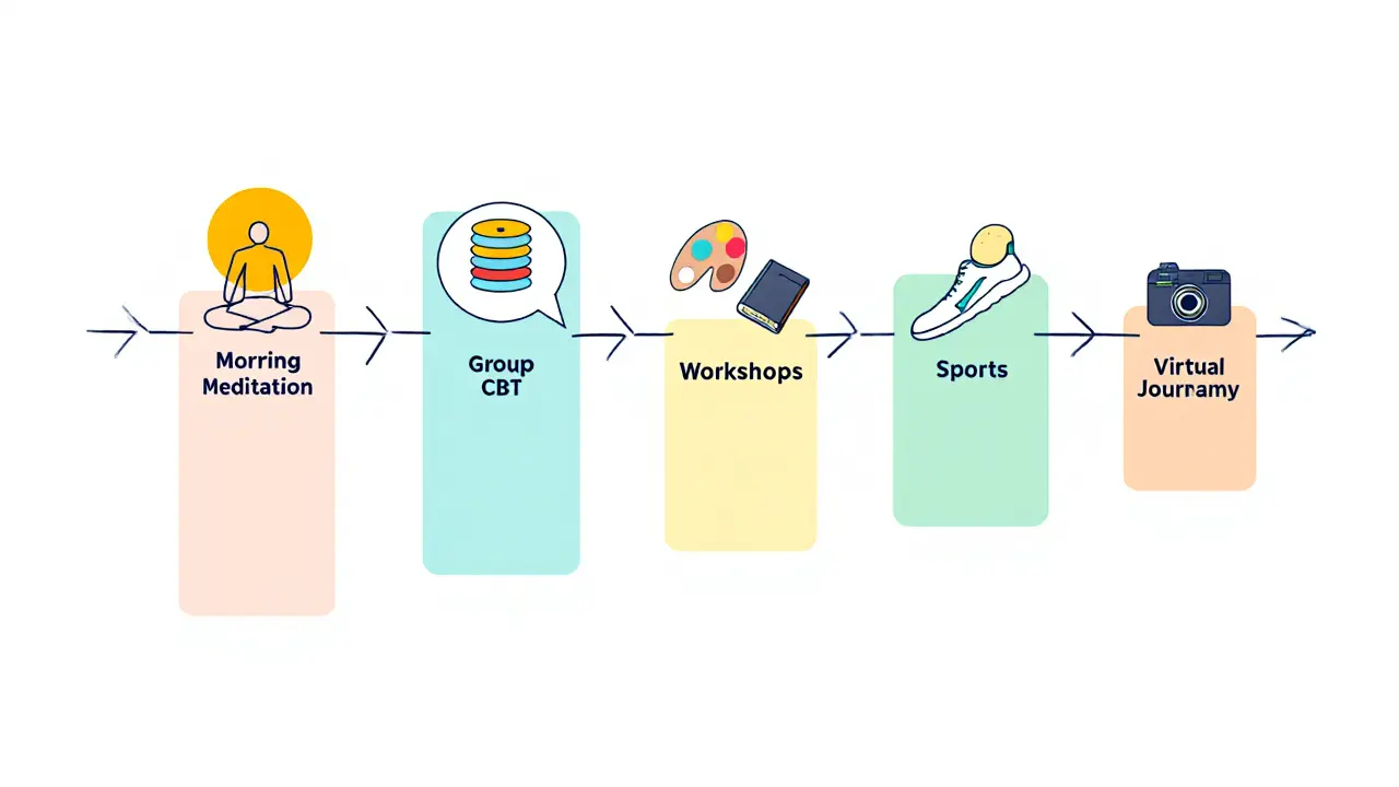 Denní rozvrh rezidenční léčby zobrazený jako barevná časová osa s ikonami.