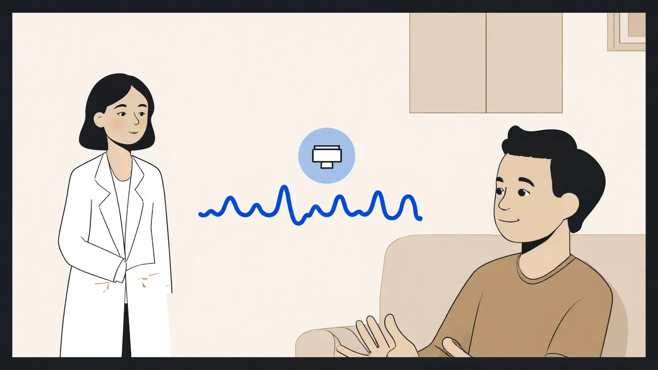 Online terapie, dva účastníci s náznakem digitálního zpoždění a ticha.