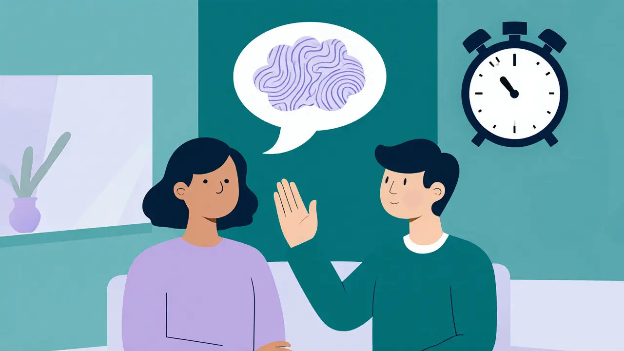 Terapeut klade otázku, u klienta bublina představující myšlenky během ticha.