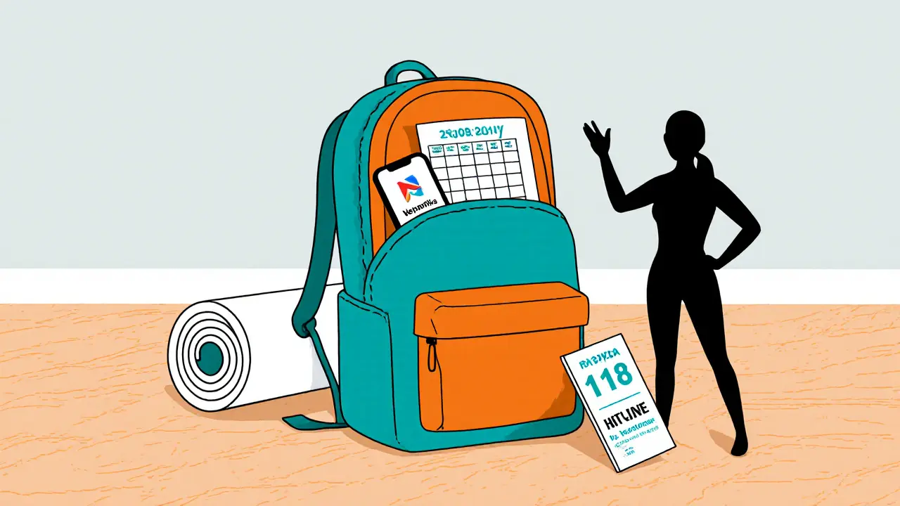 Batoh s položkami bezpečnostního balíčku: telefon, plán, aplikace, jóga podložka.