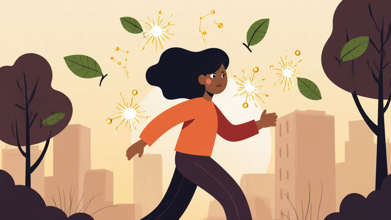 Člověk se prochází, mozek se regeneruje, malé částice BDNF ho obklopují.