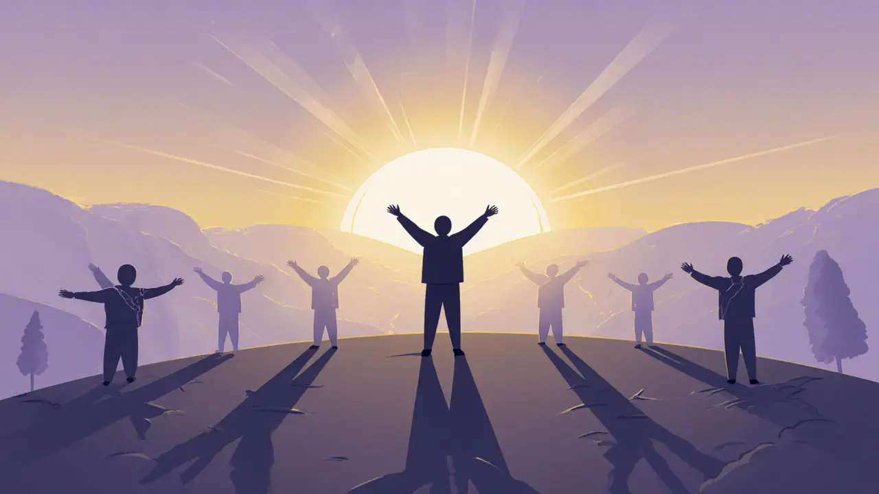 Postava na kopci pod východem slunce, spojující dřívější fragmenty.