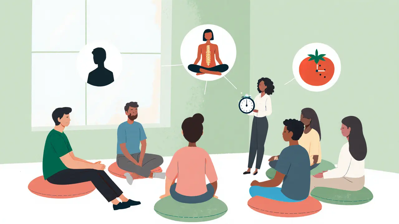 Skupinové MBCT sezení s lidmi, facilitátorem, ikony tělesného skenování a pomodora.