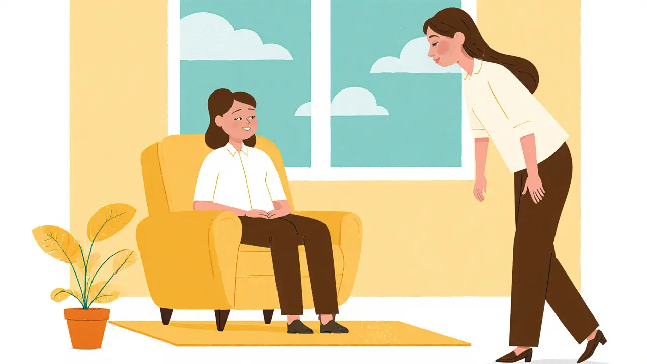 Spokojený klient s novým terapeutem, pocit úlevy.