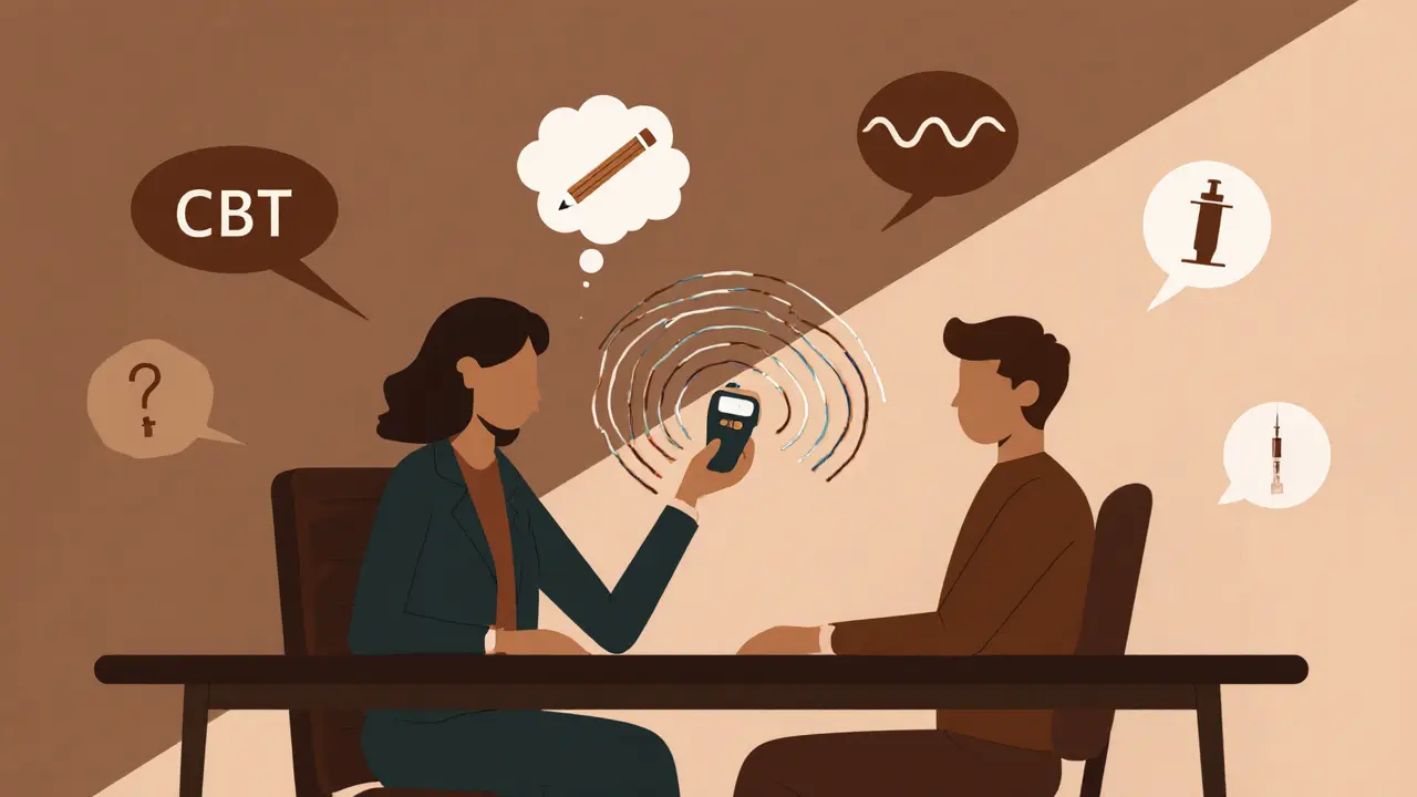 Terapeut a klient v útulné místnosti, kolem ikon různých terapií.