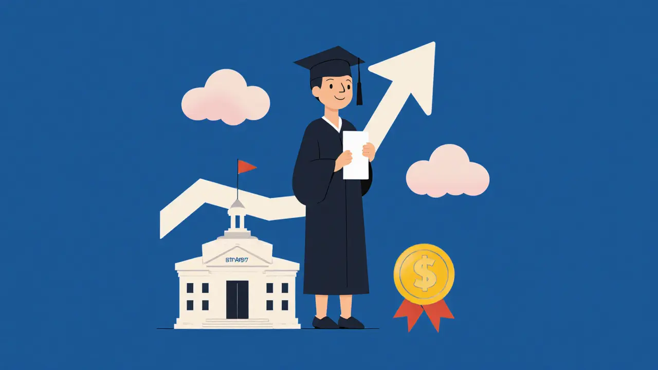 Absolvent s diplomem, státní budovou a stipendijní medailí, symbolizující podporu financování.