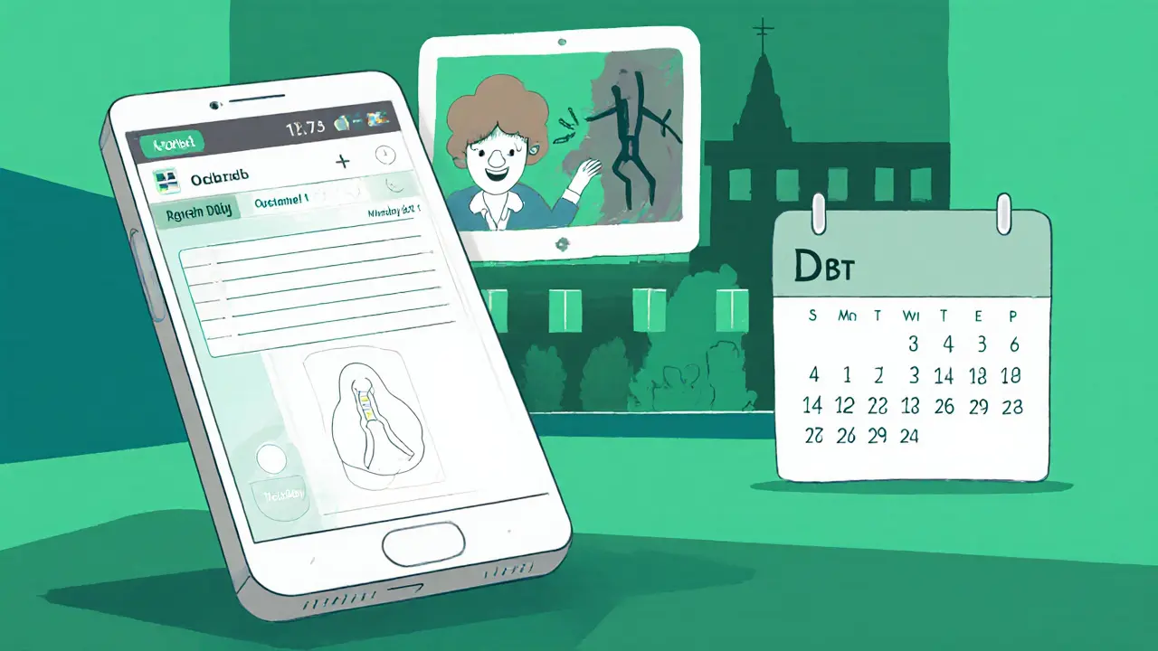 Mobilní aplikace DBT‑Online, video hovor terapeuta a kalendář léčby.