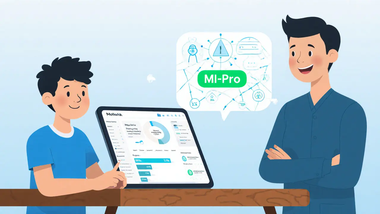 Tablet s aplikací Motivačí, teenager ji používá, vedle stojí terapeut s AI diagramem.