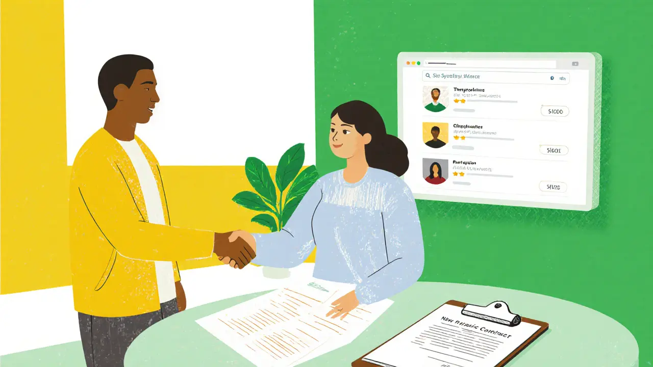 Klient potkává nového terapeuta a podepisuje nový kontrakt.