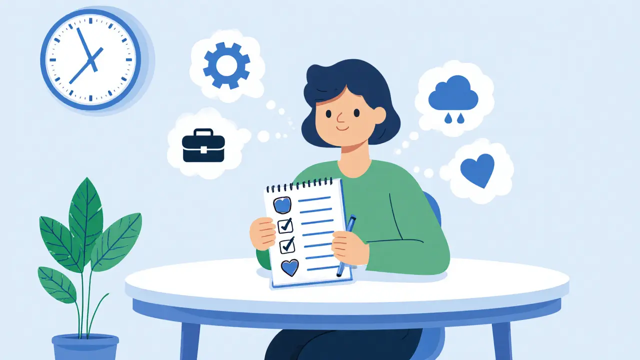 Klient sedí u stolu s poznámkovým blokem a ikonami představujícími stres.