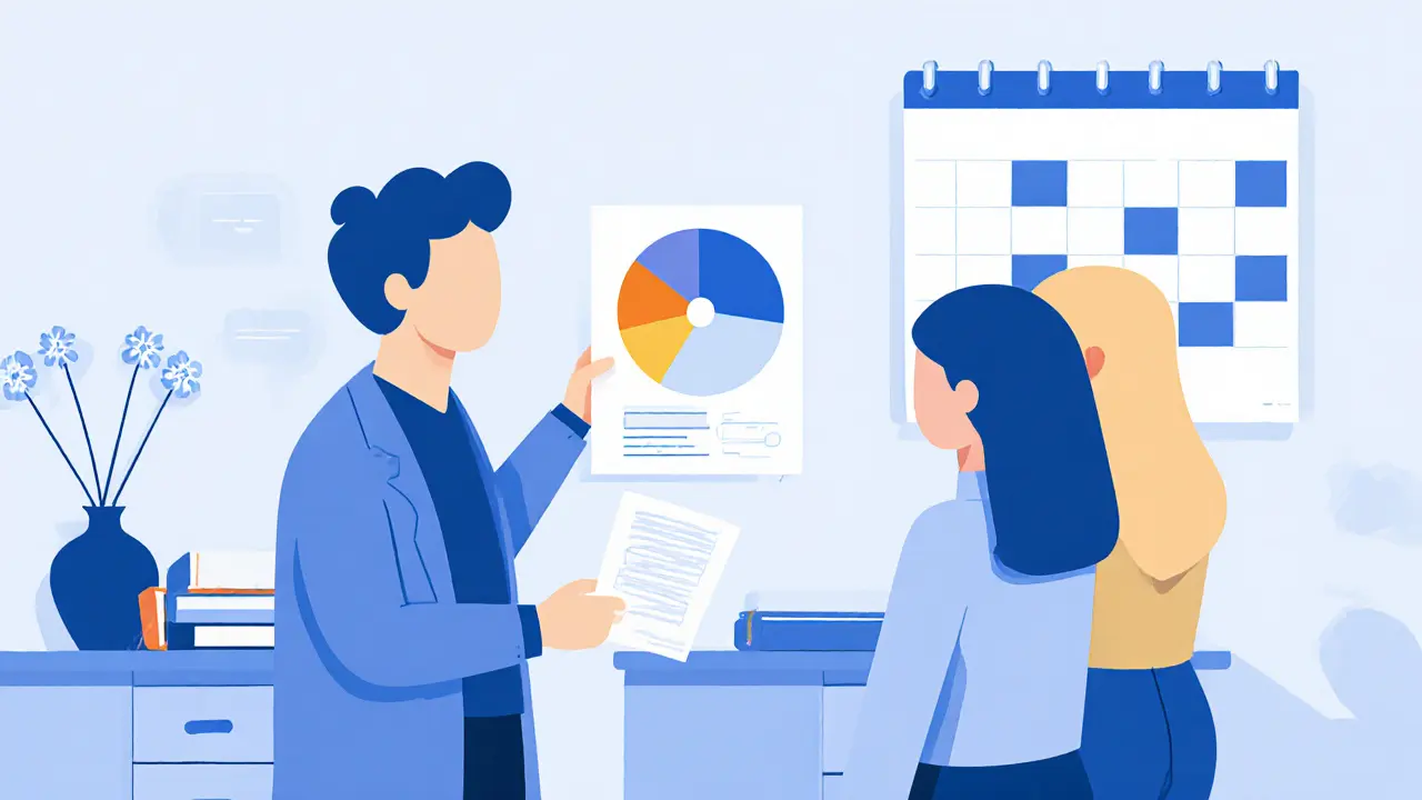 Pár a terapeut v kanceláři používají kalendář a emoční kruh k lepší komunikaci.