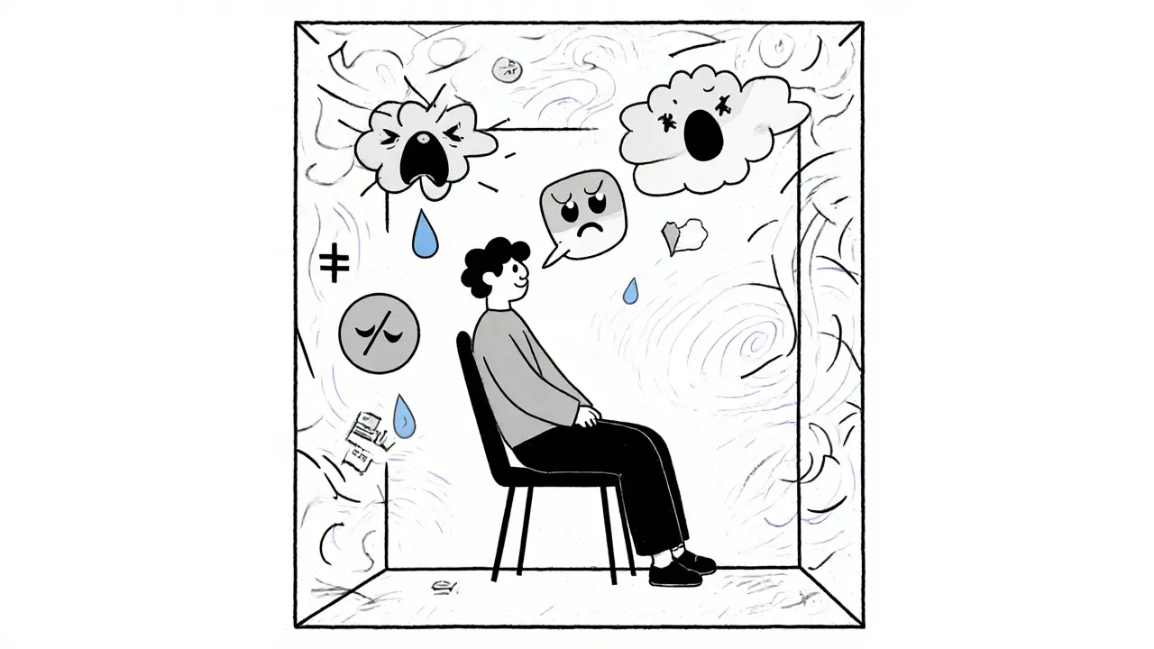 Person surrounded by emotional fragments contained within a clear boundary, representing safe therapeutic space.