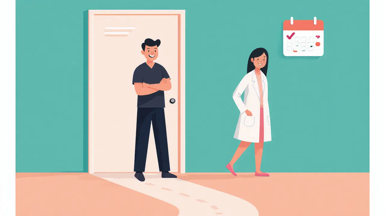 Po první konzultaci terapeut a klient si vyměňují úsměv a odcházejí vstříc dalším sezením.