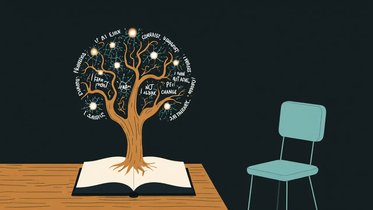 Strom rostoucí z knihy s větami naděje, kořeny tvoří slova, větve jsou neurony.