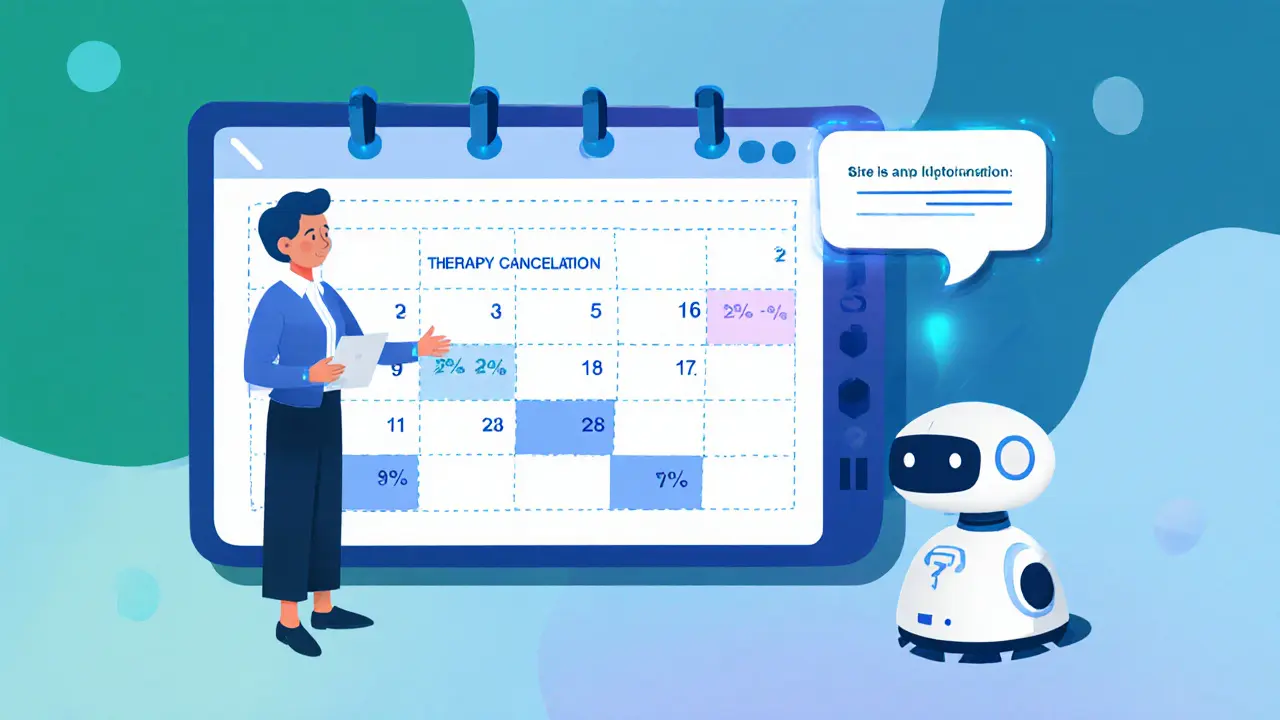 Terapeut a AI asistent ukazují digitální kalendář s flexibilními storno podmínkami.