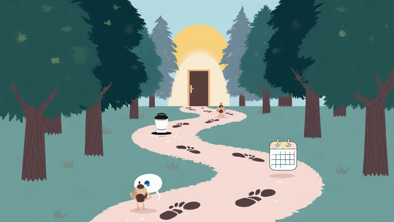 Cesta k uzdravení s ikonami jídla, hovoru a světla.