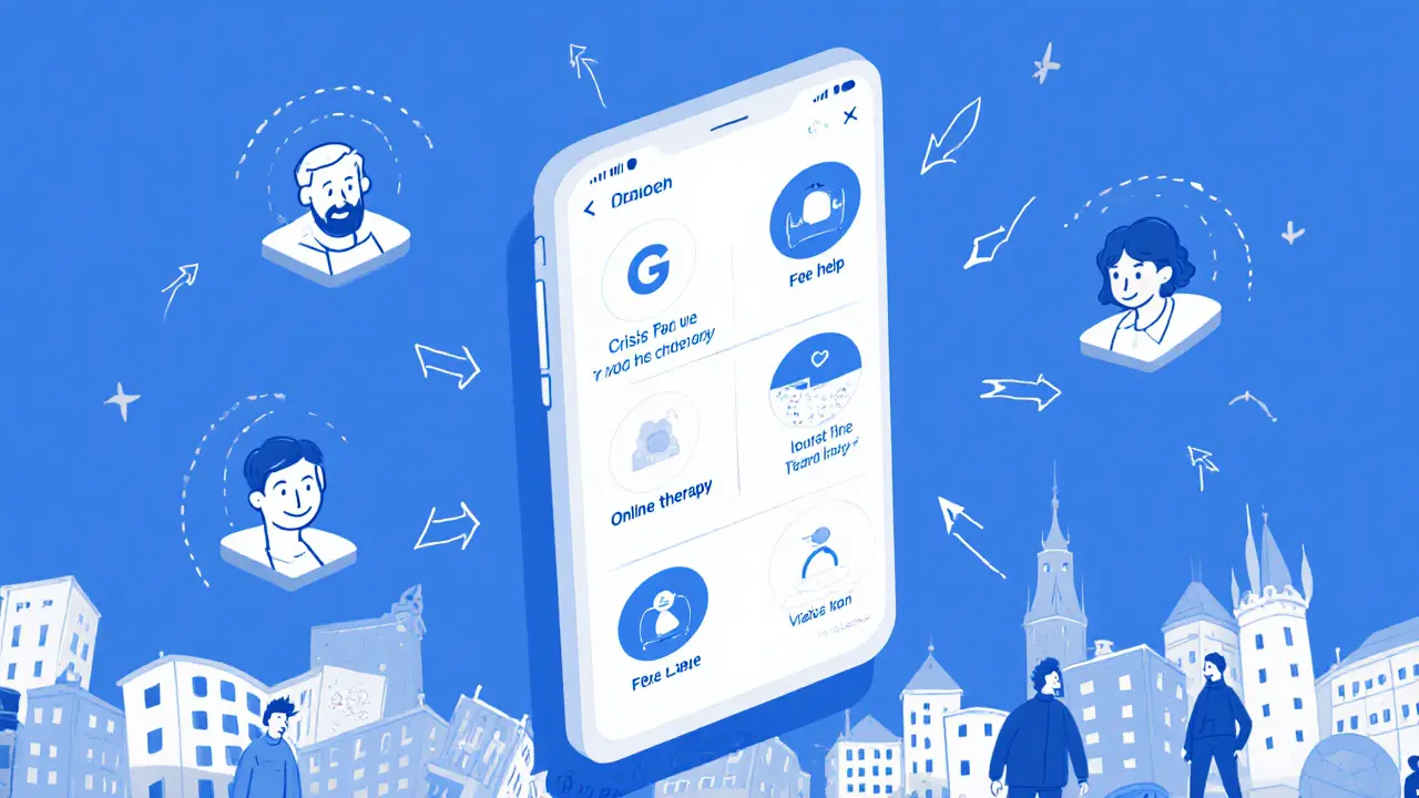 Chytrý telefon zobrazuje možnosti online terapie, krizové linky a bezplatné pomoci.