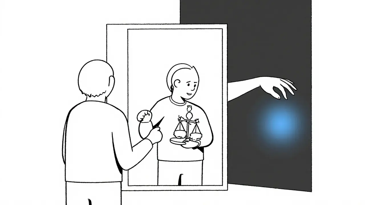 Člověk se dívá do zrcadla, kde vidí svou minulost a podporu z pozadí.