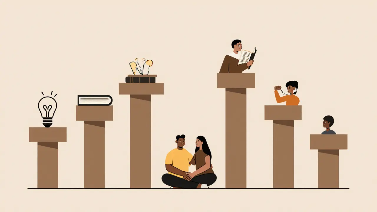 Čtyři symbolické sloupy představují základy kulturní citlivosti v terapii.