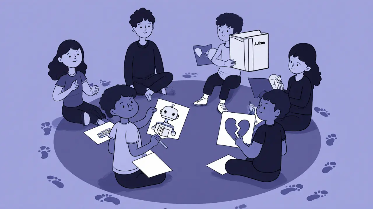 Děti v terapii kreslí své city pomocí kreseb a symbolů.