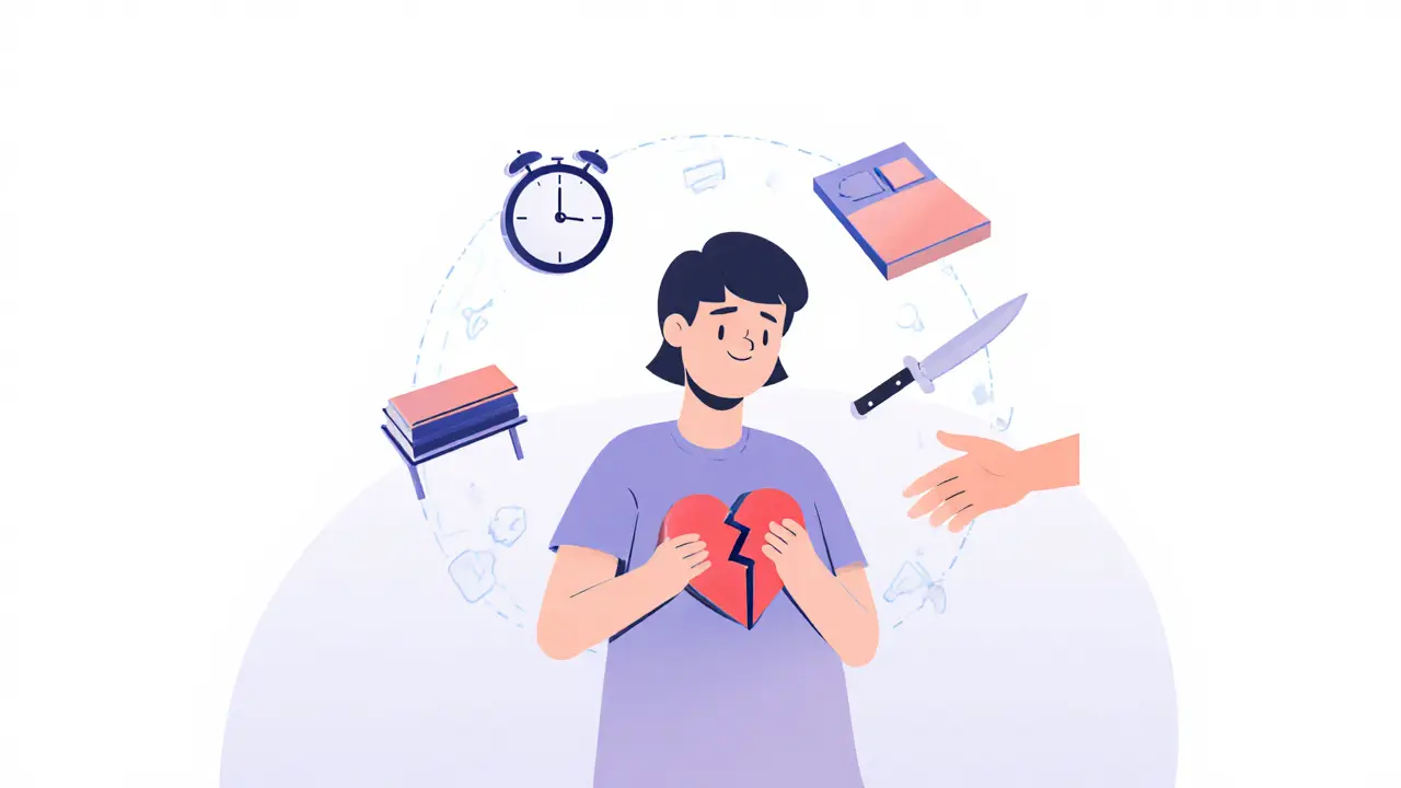 Dítě drží rozbitý srdcovitý kousek skládačky, kolem něj symboly deprese a ruka, která se táhne k němu.