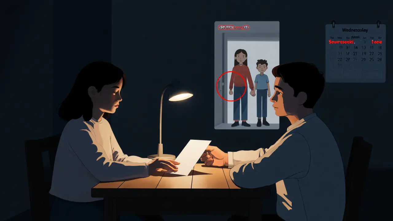 Dívka předává rodičům list s emocionální zprávou večer doma.