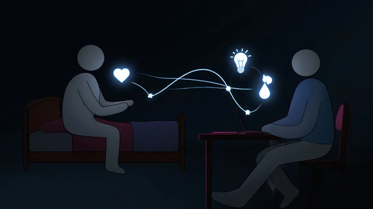 Dva lidé spojení digitálním světlem, symbolizující emocionální vazbu přes obrazovku.