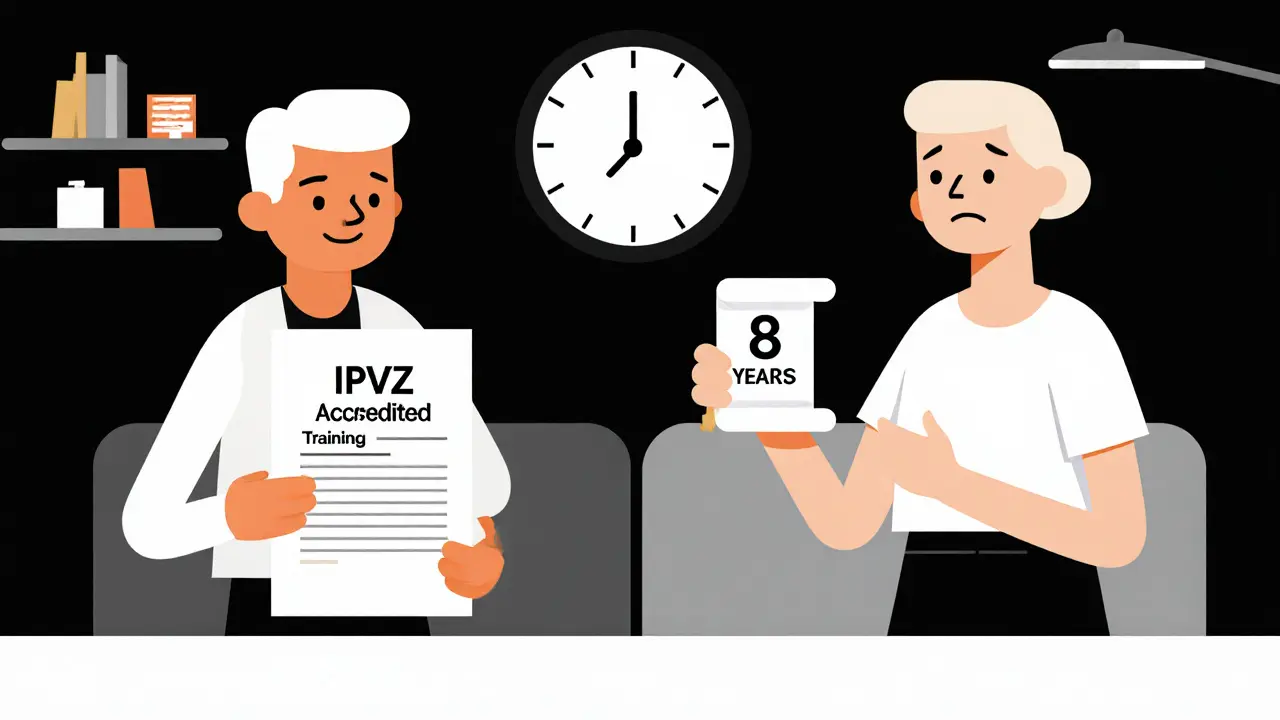 Dva lidé v čekárně: jeden s akreditovaným vzděláním, druhý s krátkým kursem – kontrast kvality.