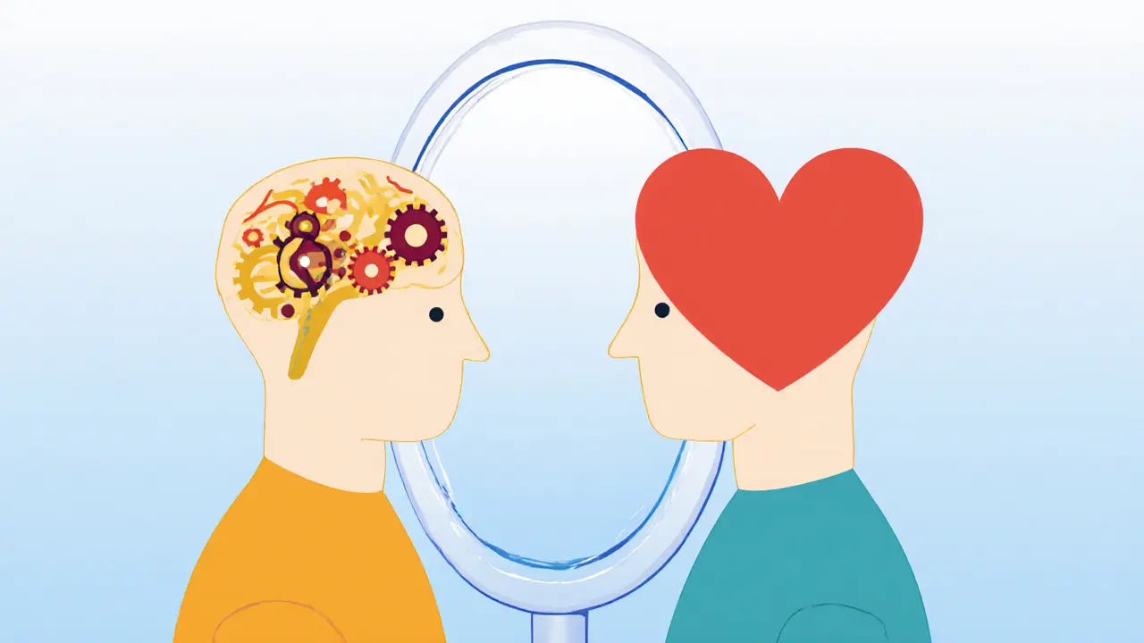 Dva různé mozky vedle sebe, zrcadlo odrazuje jejich různé pohledy na svět.