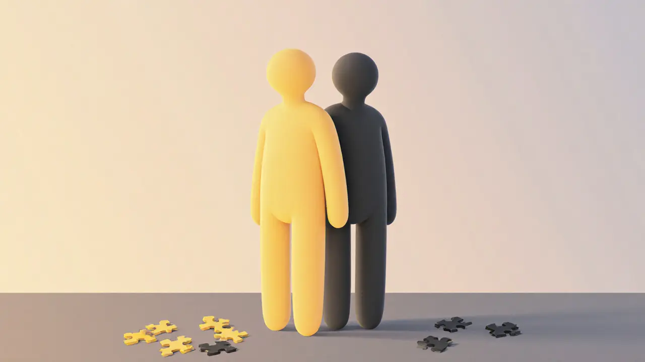 Dvě abstraktní postavy stojí zády k sobě, oddělené velkou mezerou a roztroušenými kousky skládačky.