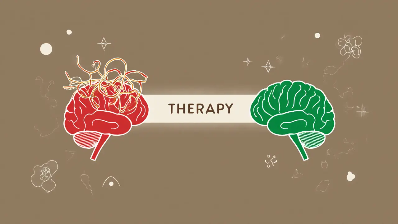 Dvě části mozku: jedna strachem přetížená, druhá klidná a přestavěná terapií.