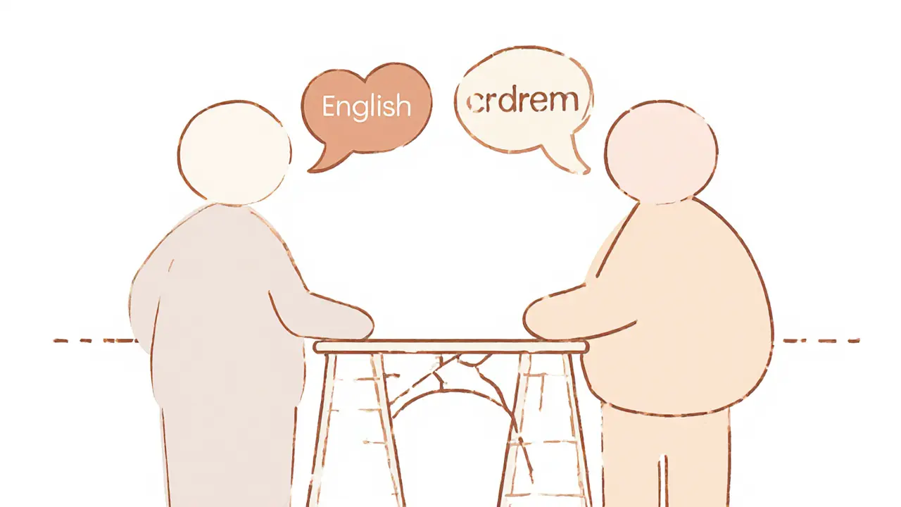 Dvě postavy oddělené rozbitým mostem mezi anglickými a českými slovy.