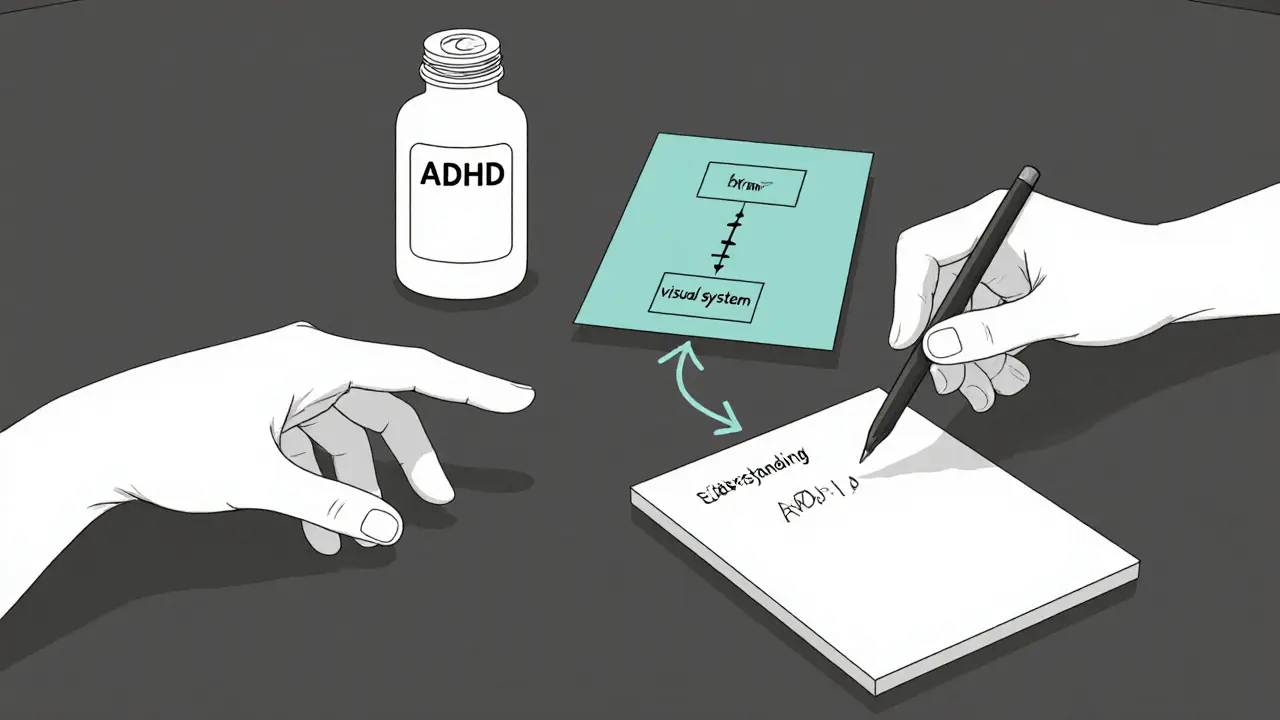 Dvě ruce se setkávají přes stůl, mezi nimi je schéma spojující léky a vizuální systém.