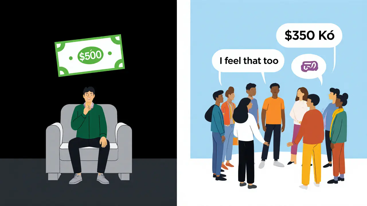 Dvě scény: jedna osoba s vysokou cenou terapie naproti skupině s nízkou cenou a podporou.