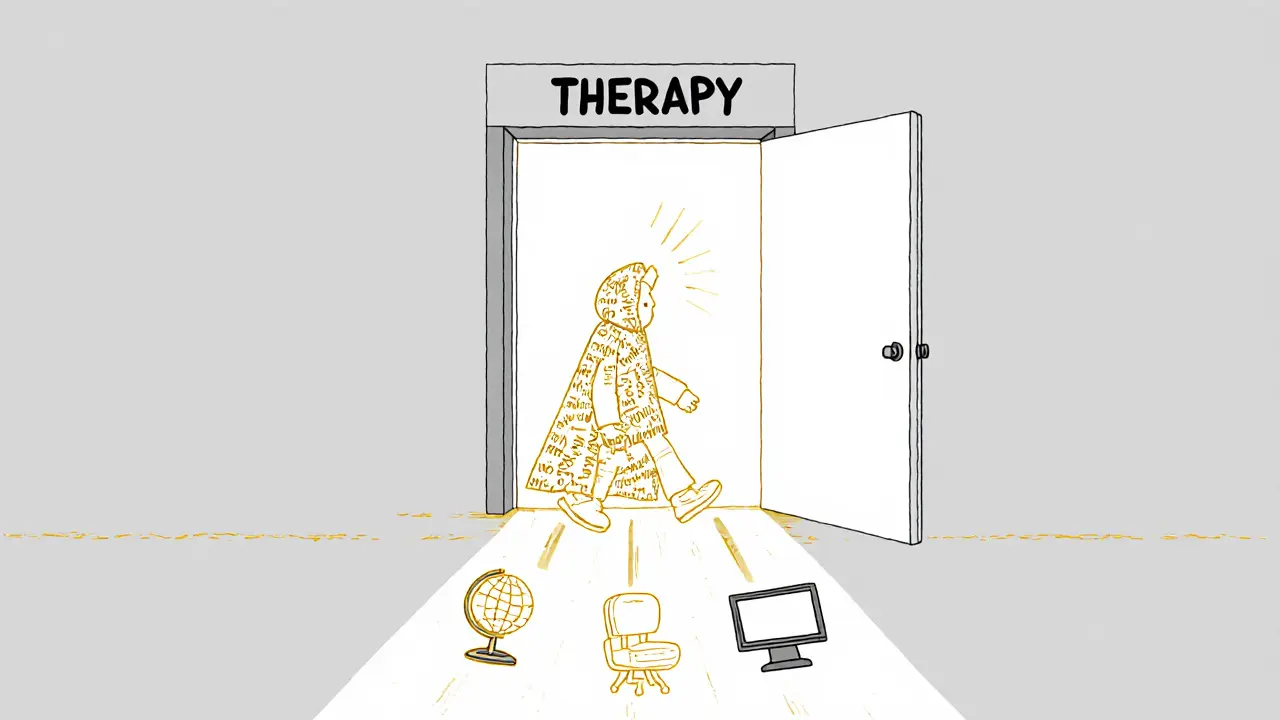 Dveře do terapie vedou k cestě s ikonami multijazyčné podpory a světlem.