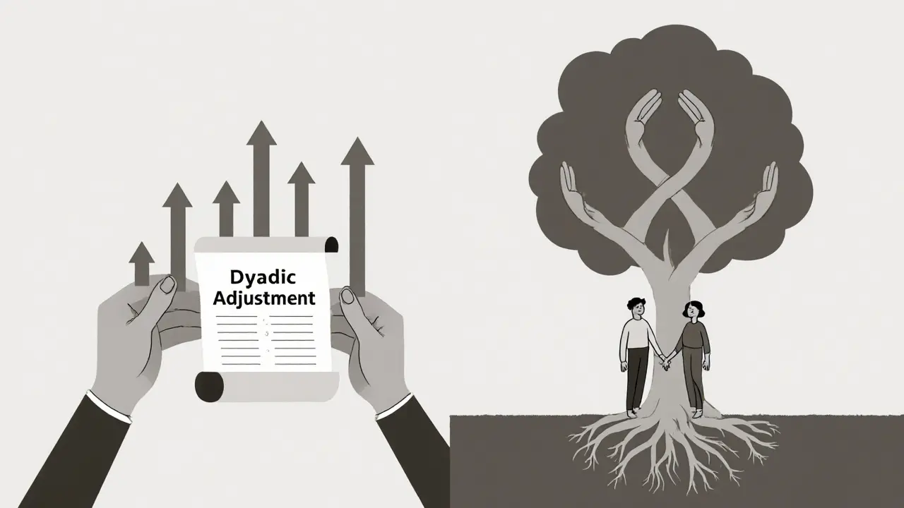 Dvojice drží dotazník s rostoucími šipkami, za nimi roste strom s propojenými kořeny.