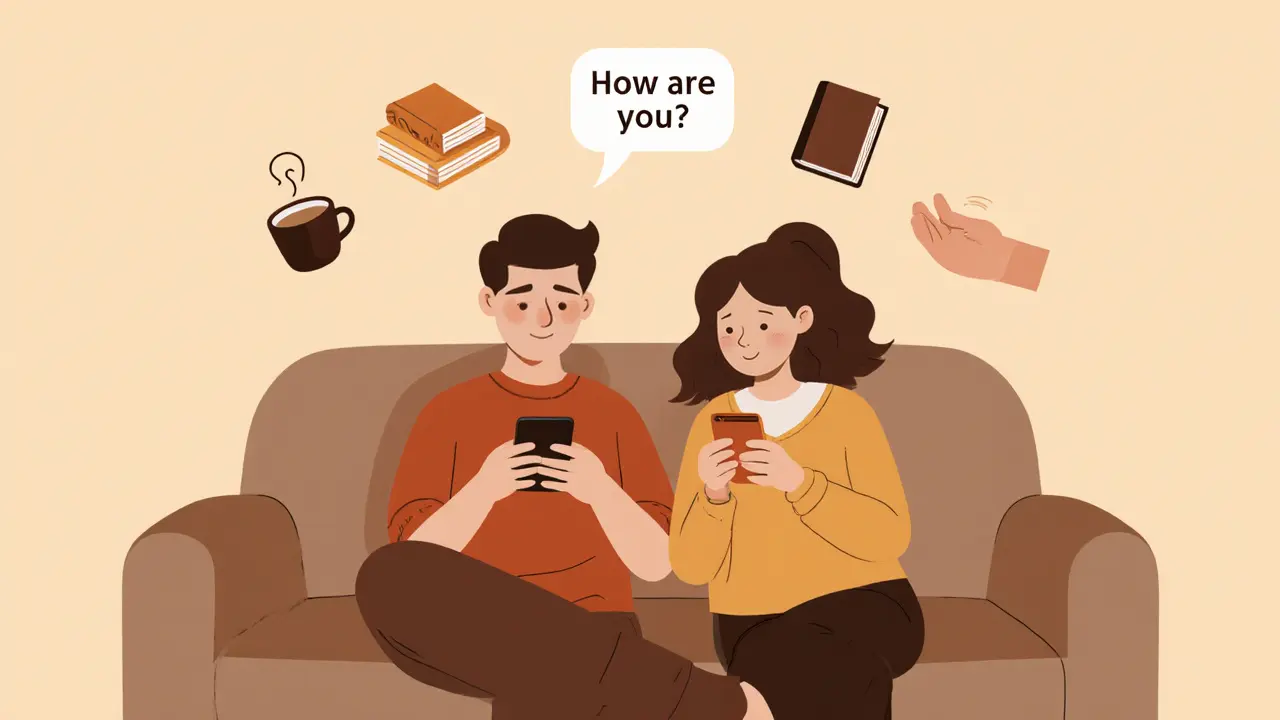 Dvojice na sofě, každý se svým telefonem, ale nad nimi se objevují malé znaky spojení.