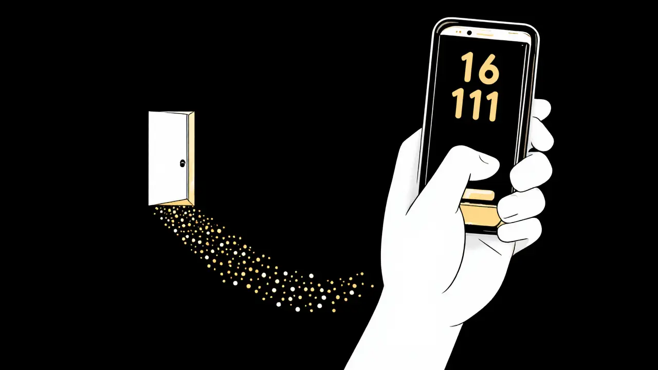 Hand reaching toward glowing phone with helpline number, path of light leading to hope.