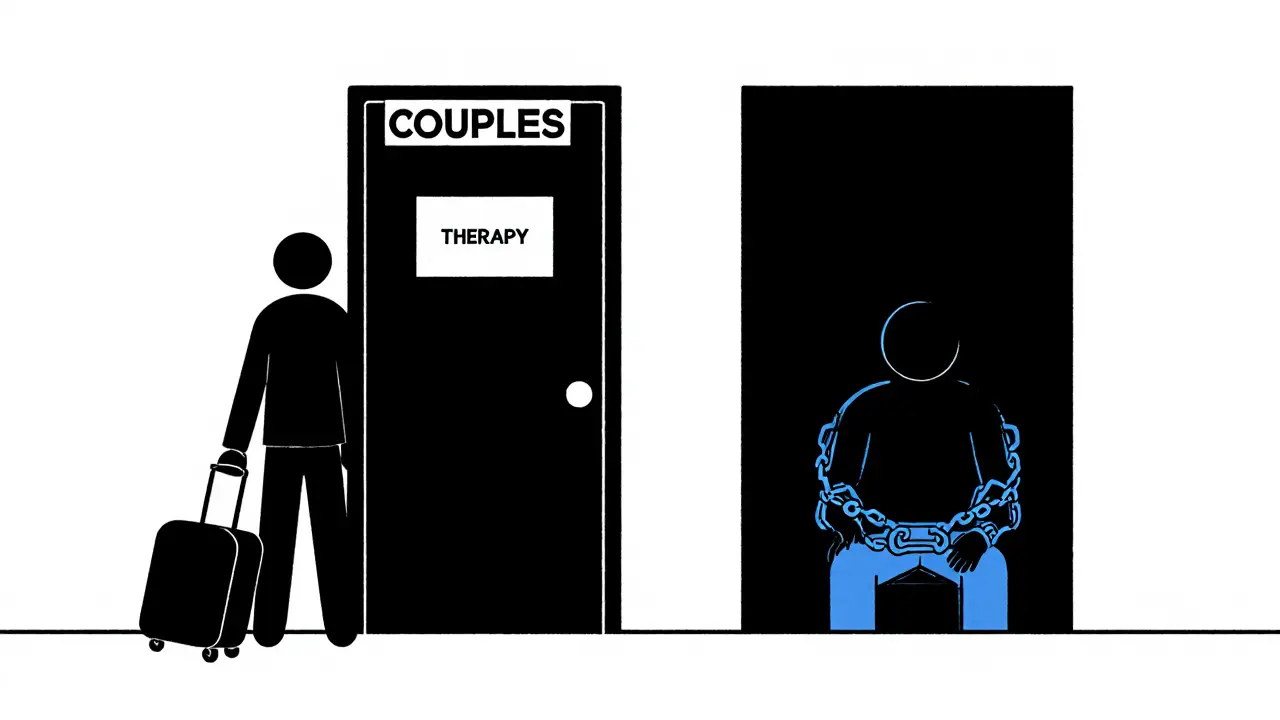 Jedna osoba stojí venku před zavřenými dveřmi terapie, druhá je uvězněná uvnitř.